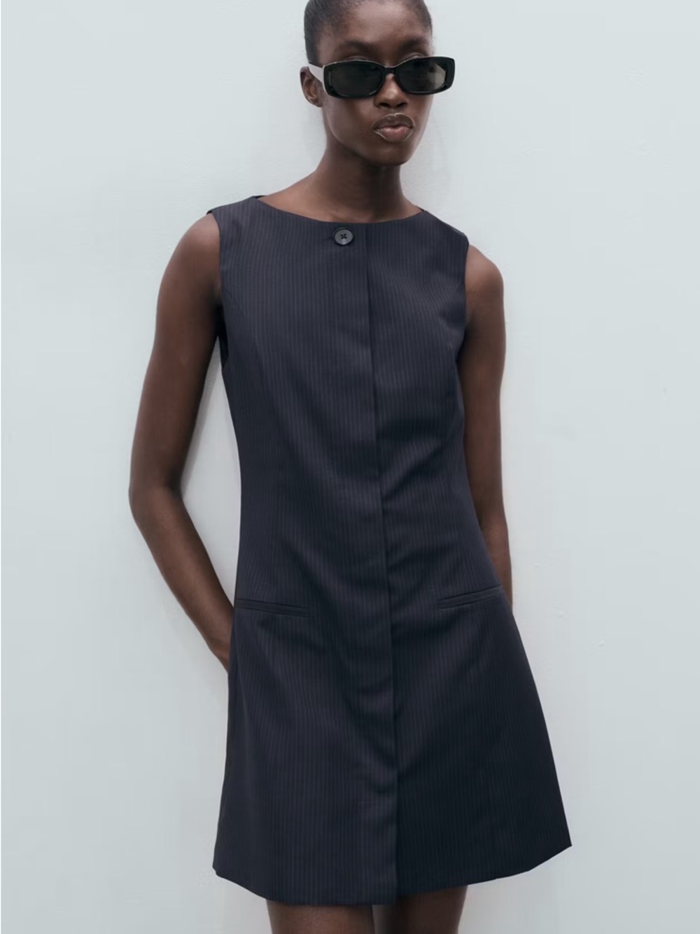 Mango Sleeveless Navy Pinstripe Mini Dress